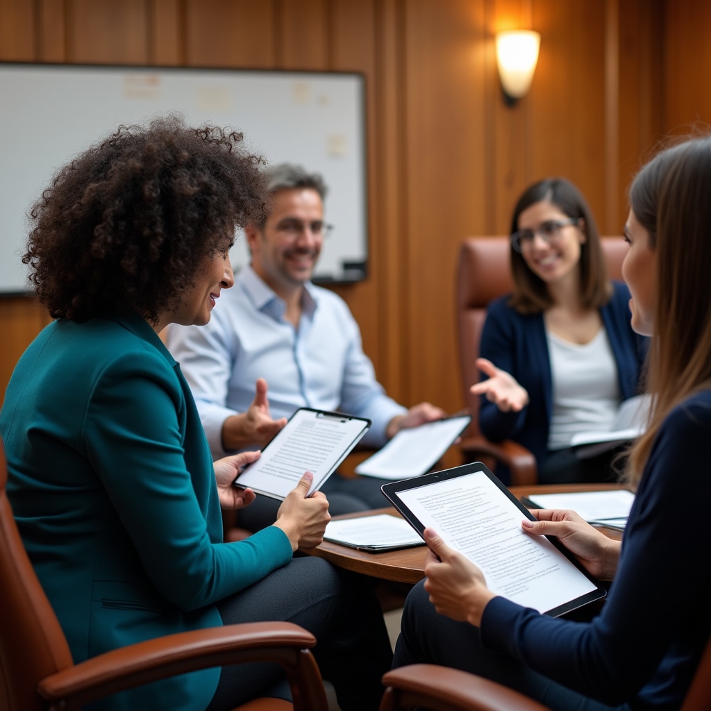 Training participants collaborating in small groups, sharing feedback on business writing samples
