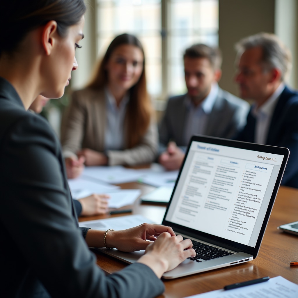 Professional taking detailed meeting notes with laptop, capturing key discussion points and decisions