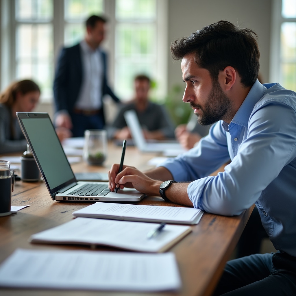 Training participant working on practical writing exercise with instructor guidance, reviewing document on laptop