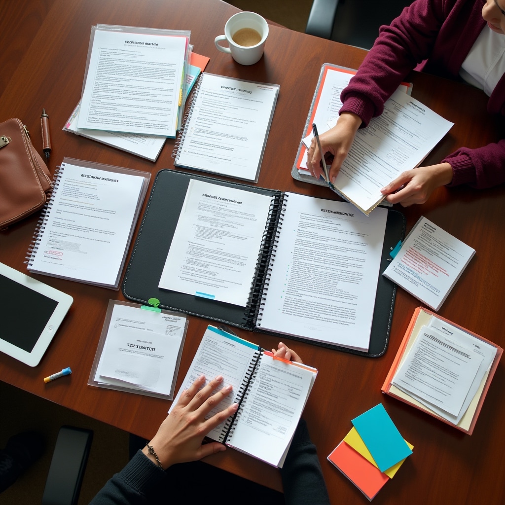 Comprehensive training materials including workbooks, reference guides, and template documents spread on desk